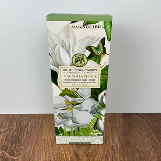 Magnolia Petals Reed Diffuser with glass bottle, reeds, and floral packaging | JSQ Mercantile – a women’s boutique and gift shop in La Grange, IL.