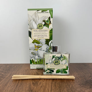 Magnolia Petals Reed Diffuser with glass bottle, reeds, and floral packaging | JSQ Mercantile – a women’s boutique and gift shop in La Grange, IL.