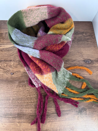 Orange and burgundy super soft plaid scarf with fringe, 72x14 inches – JSQ Mercantile – a women’s boutique and gift shop in La Grange, IL