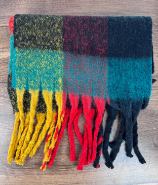 Orange and teal super soft plaid scarf with fringe, 72x14 inches – JSQ Mercantile – a women’s boutique and gift shop in La Grange, IL