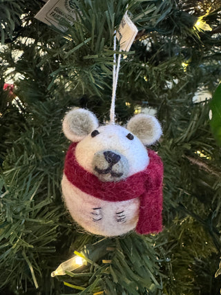 Polar Bear with Scarf Felt Ornament handmade from soft felt with hand-stitched details, available at JSQ Mercantile – a women’s boutique and gift shop in La Grange, IL