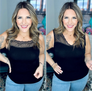 Reversible lace inset top with elegant lace trim and dual neckline design, soft stretch fabric in regular and curvy sizes, JSQ Mercantile – a women’s boutique and gift shop in La Grange, IL