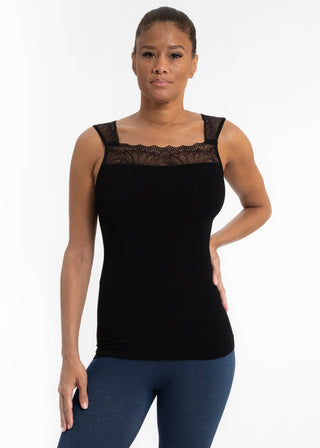 Reversible lace inset top with elegant lace trim and dual neckline design, soft stretch fabric in regular and curvy sizes, JSQ Mercantile – a women’s boutique and gift shop in La Grange, IL
