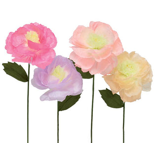 Single bloom paper flower in assorted colors with green stem and leaf, layered tissue paper petals fluffed for fullness, JSQ Mercantile – a women’s boutique and gift shop in La Grange, IL.
