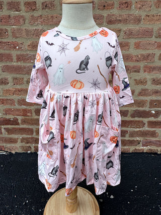 Hey Boo 3/4 Sleeve Pocket Twirl Dress for Girls – Halloween Outfit | JSQ Mercantile Gift Shop La Grange, IL