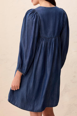 V-Neck Denim-Like Puff Sleeve Dress, Medium Wash | Tribal Clothing