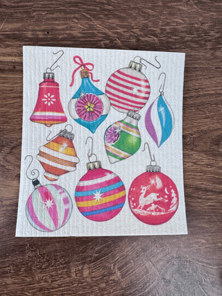 Vintage Ornaments Holiday Sponge Cloth with retro ornament illustrations, biodegradable design, JSQ Mercantile – a women’s boutique and gift shop in La Grange, IL.