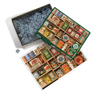 Vintage Tins 1000-piece jigsaw puzzle featuring floral patterned antique tins in a wooden frame, made in the USA from recycled materials | JSQ Mercantile – Women’s Boutique & Gift Shop in La Grange, IL