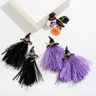 Funky Halloween Witches Hat Drop Earring With Feathers