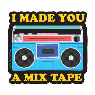“I Made You a Mixtape” 3-inch vinyl waterproof sticker with retro cassette design on a white background — JSQ Mercantile, Women’s & Gift Boutique in La Grange, IL.